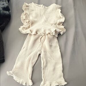 Zara kids toddler Cream Ribbed Ruffle Top & Pants Matching Set